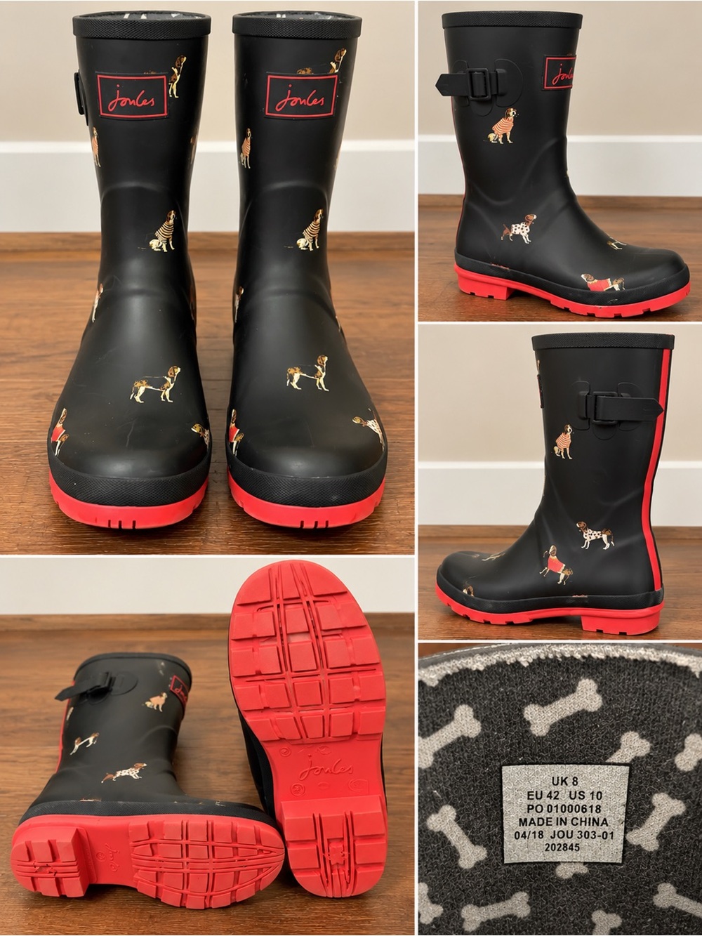 Joules Black Rain Boots with Red Soles and Dog Print